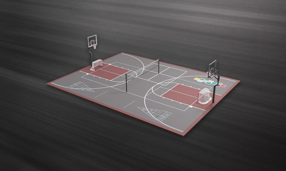 rendering of a large sports court with multiple game lines and accessories on a dark background